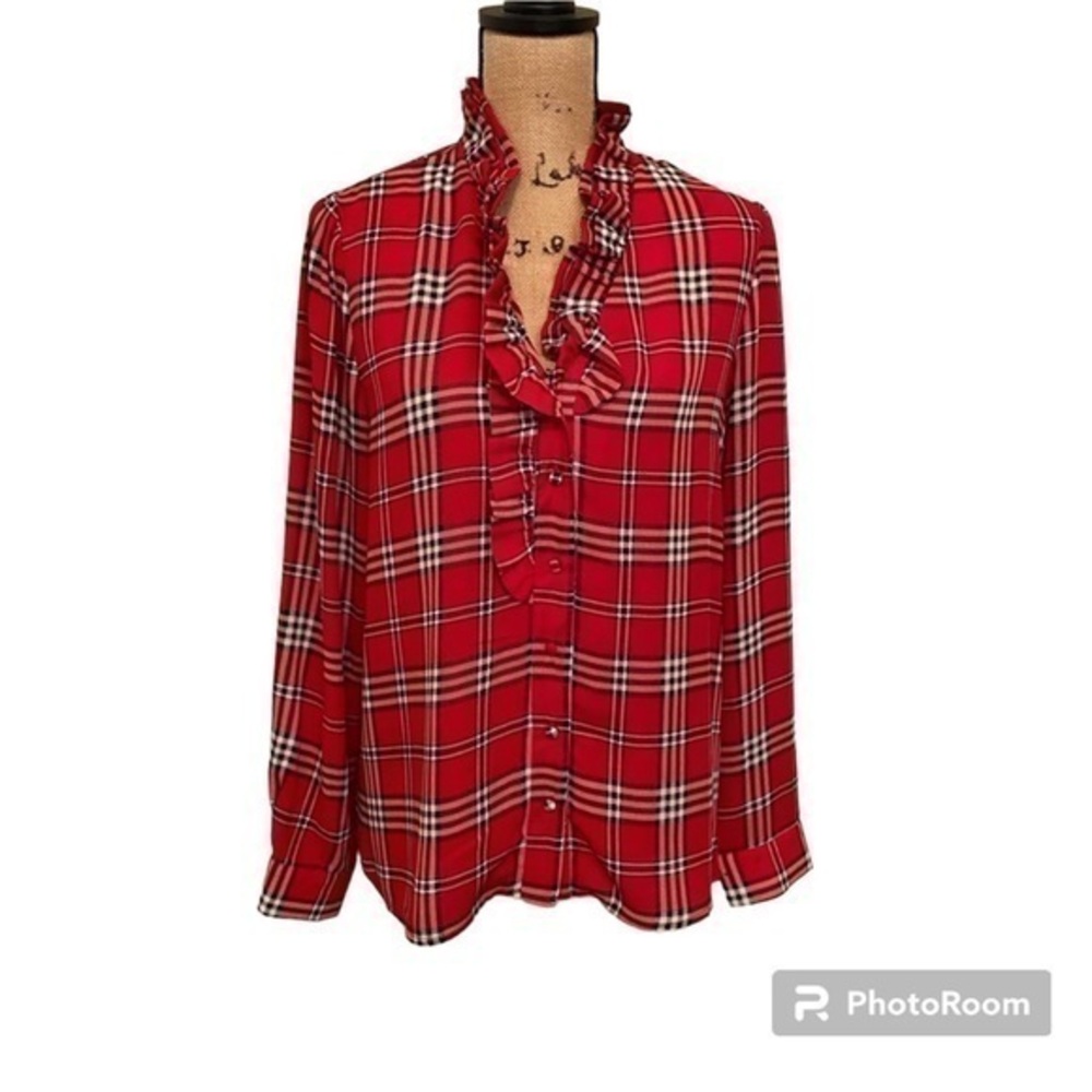 Riley & Rae Red Plaid Blouse with Ruffle neckline , Long sleeve Size L